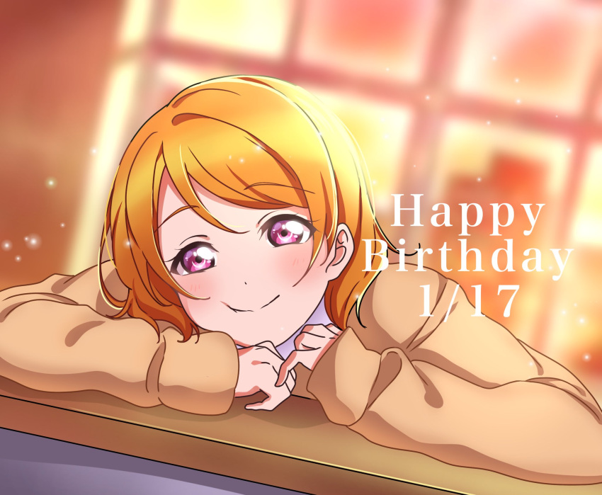 1girl, arm_rest, blurry, blurry_background, brown_coat, brown_hair, coat, curly_hair, desk, happy_birthday, head_rest, highres, koizumi_hanayo, long_sleeves, looking_at_viewer, love_live!, mei_(d9en03iu3cwlafx), on_desk, school_desk, single_sidelock, smile, sparkle, violet_eyes