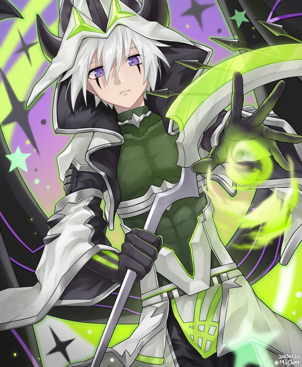 1boy, bangs, black_gloves, black_pants, bodystocking, check_commentary, closed_mouth, coat, commentary_request, covered_abs, covered_collarbone, cowboy_shot, dated, duel_monster, elbow_gloves, facial_mark, gloves, hair_between_eyes, highres, holding, holding_staff, hood, hood_up, hooded_coat, horned_hood, horns, long_sleeves, looking_at_viewer, magic, male_focus, miicheer, pants, performapal_celestial_magician, purple_background, short_hair, sidelocks, solo, staff, standing, star_(symbol), turtleneck, twitter_username, violet_eyes, white_coat, white_hair, wings, yu-gi-oh!