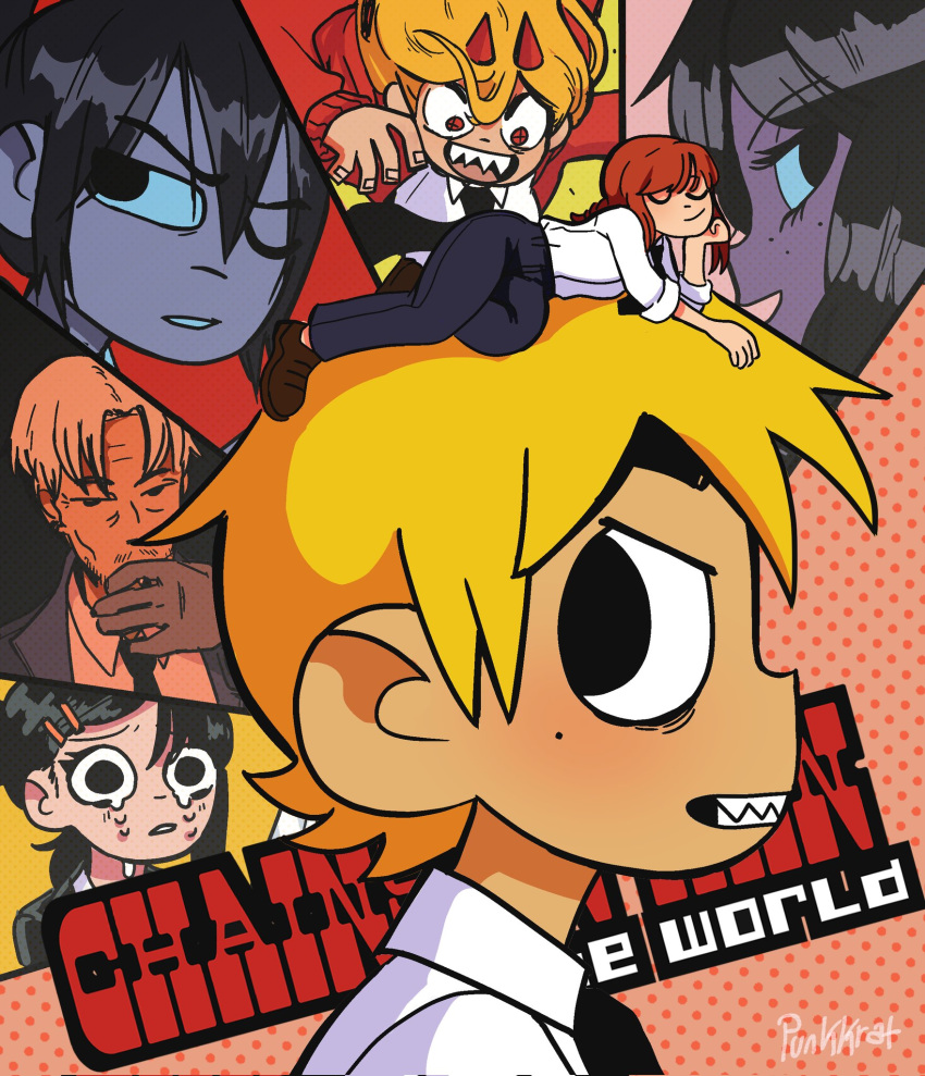 3boys, 4girls, black_necktie, blonde_hair, braid, brown_hair, bryan_lee_o'malley_(style), chainsaw_man, clenched_teeth, closed_eyes, crying, denji_(chainsaw_man), dress_shirt, grin, hair_ornament, hairclip, halftone, hayakawa_aki, higashiyama_kobeni, highres, kishibe_(chainsaw_man), long_sleeves, looking_at_viewer, lying, makima_(chainsaw_man), multiple_boys, multiple_girls, necktie, on_side, parody, ponytail, power_(chainsaw_man), punkkrat, redhead, reze_(chainsaw_man), scott_pilgrim, sharp_teeth, shirt, smile, style_parody, teeth, upper_body