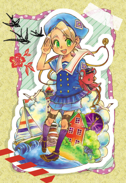 bird, boat, child, clock, cloud, clouds, green_eyes, hat