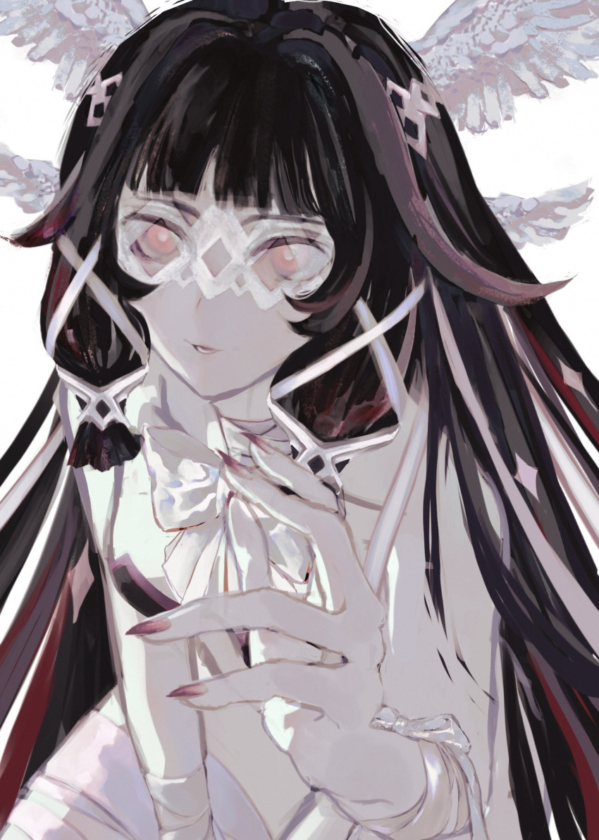 1girl, breasts, columbina_(genshin_impact), fingernails, genshin_impact, highres, light_purple_hair, long_hair, multicolored_hair, nerwanni, partially_submerged, pink_hair, sharp_fingernails, simple_background, streaked_hair, topless, two-tone_hair, white_background