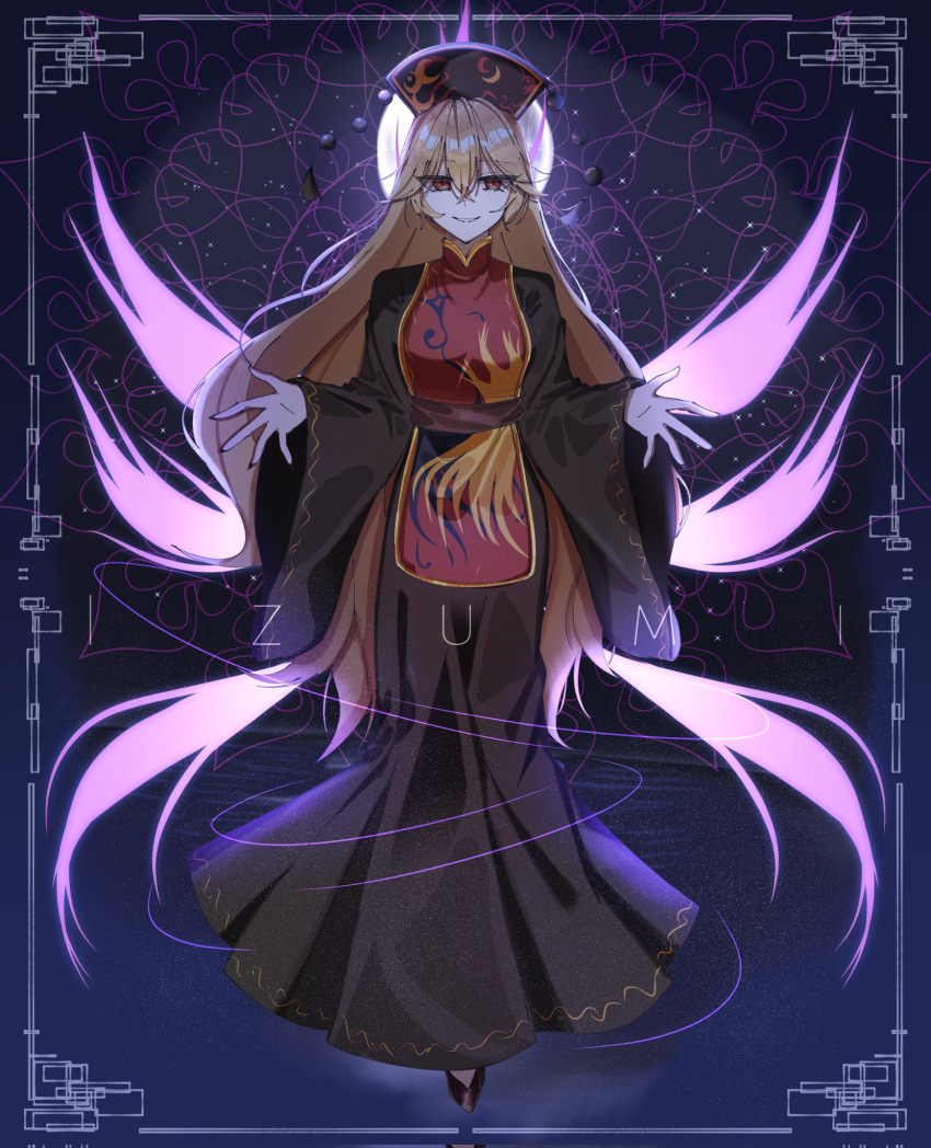 1girl, bangs, black_dress, blonde_hair, dress, full_body, gold_trim, hair_between_eyes
