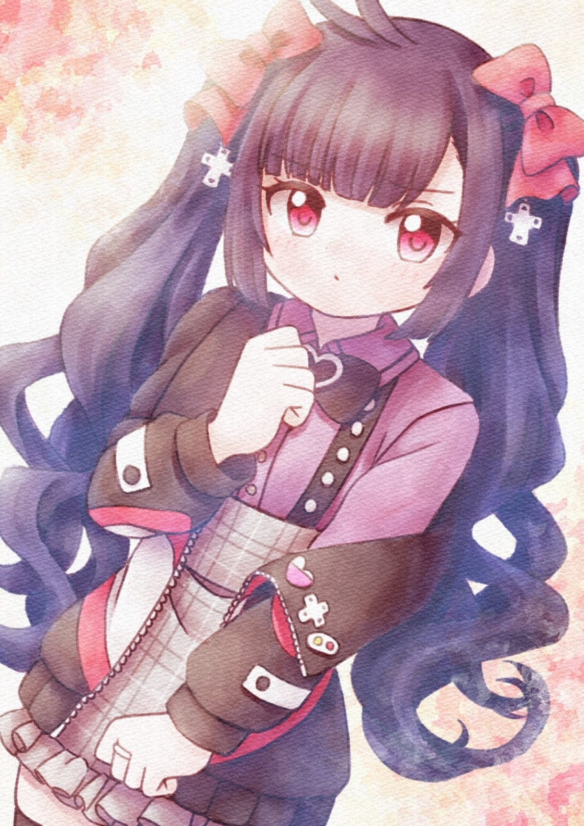 1girl, ahoge, bangs, black_bow, black_bowtie, black_jacket, blunt_bangs, blush