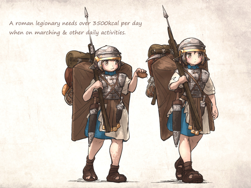 2girls, armor, backpack, bag, english_text, food, full_body, gladius