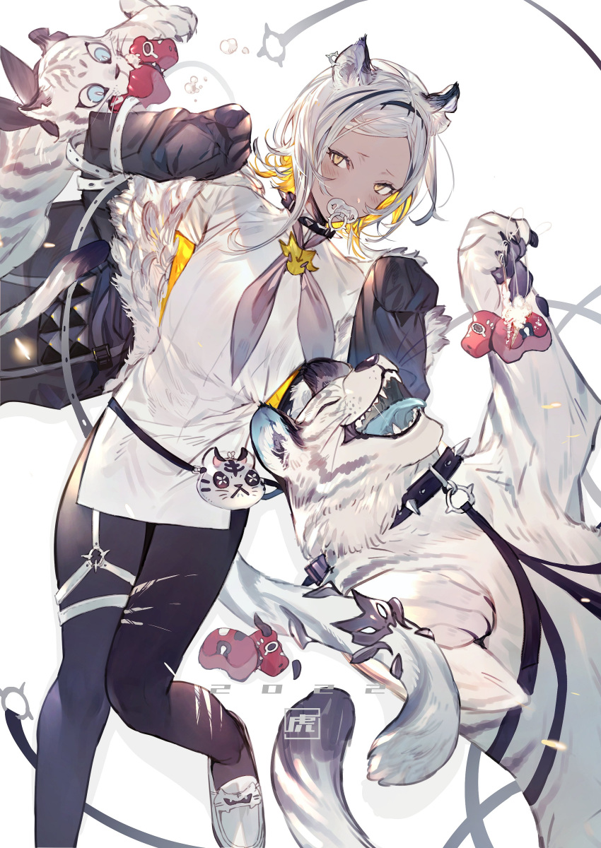 1girl, 2022, absurdres, animal_ears, black_jacket, black_pantyhose, blush, chew_toy