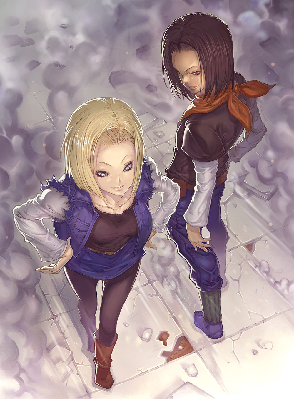 android_18, blonde_hair, blue_eyes, boots, brother_and_sister, brown_hair, dragon_ball, dragon_ball_z