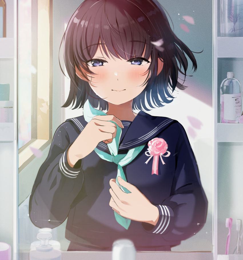 1girl, adjusting_clothes, adjusting_neckerchief, bangs, bathroom, black_serafuku, blue_eyes, blush, bob_cut, brown_hair, cherry_blossoms, flower, graduation, highres, light_smile, long_sleeves, looking_ahead, looking_at_self, mirror, neckerchief, original, petals, pink_flower, pink_rose, pov, reflection, rose, school_uniform, serafuku, short_hair, sink, smile, solo, tasuku_(otomebotan), toothbrush, upper_body, white_neckerchief, window