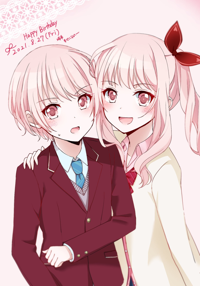 2others, akiyama_mizuki, akiyama_mizuki_(middle_school), androgynous, blue_necktie, bow, clone, dated