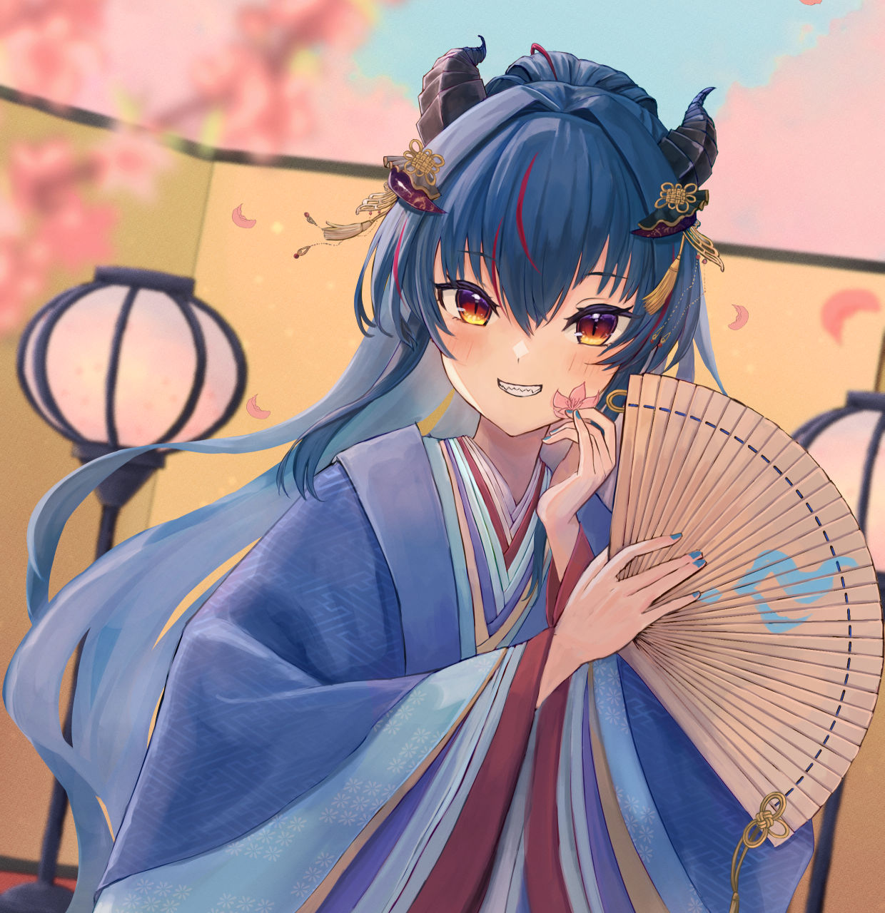 1girl, :d, bangs, blue_hair, blue_kimono, blue_nails, blush, cherry_blossoms