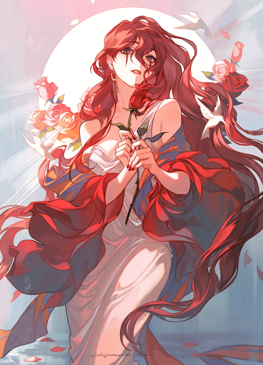 1girl, absurdres, bare_shoulders, bird, chipmuck, cowboy_shot, dress, earrings, falling_petals, flag, flower, forever_7th_capital, gem, hair_between_eyes, hands_up, highres, holding, holding_flag, jewelry, long_hair, looking_at_viewer, moon, olucia_(forever_7th_capital), petals, petals_on_liquid, red_eyes, red_flower, red_gemstone, red_nails, red_rose, rose, single-shoulder_dress, smile, solo, sun, sunlight, very_long_hair, wavy_hair, white_bird, white_dress