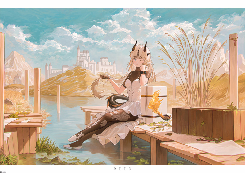 1girl, arknights, black_gloves, black_pantyhose, blonde_hair, blue_eyes, blue_sky, blush, bodystocking_under_clothes, bracelet, breasts, cairaovo, character_name, closed_mouth, clouds, covered_collarbone, crossed_legs, day, dragon_girl, dragon_horns, dragon_tail, dress, fiery_tail, gloves, highres, holding, holding_hair, horns, infection_monitor_(arknights), jewelry, lake, long_hair, looking_at_viewer, one_eye_closed, outdoors, pantyhose, pier, reed_(arknights), reed_the_flame_shadow_(arknights), short_sleeves, single_glove, sky, small_breasts, solo, suitcase, tail, town, very_long_hair, water, wheat, white_dress