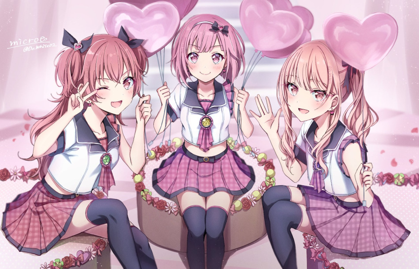 1other, 2girls, akiyama_mizuki, androgynous, asymmetrical_sleeves, balloon, black_thighhighs, do_while02