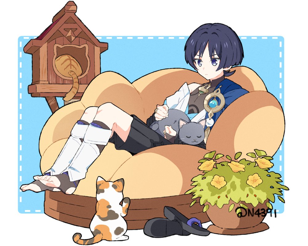 1boy, animal_on_lap, artist_name, bangs, bean_bag_chair, black_hair, black_shirt, black_shorts