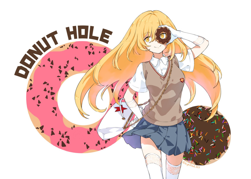 +_+, 1girl, bag, blonde_hair, blue_skirt, breasts, brown_sweater_vest, buttons, chain, closed_mouth, collared_shirt, contrapposto, cowboy_shot, donut_hole_(vocaloid), doughnut, doughnut_background, english_text, floating_hair, food, gloves, hand_up, handbag, hands_on_hips, highres, holding, holding_food, hopetrash555, lace-trimmed_gloves, lace-trimmed_legwear, lace_trim, large_breasts, long_hair, miniskirt, pleated_skirt, school_uniform, shirt, shokuhou_misaki, short_sleeves, signature, skirt, skirt_flip, smile, solo, sparkling_eyes, spider_web_print, standing, star_(symbol), star_print, summer_uniform, sweater_vest, thigh-highs, toaru_kagaku_no_railgun, toaru_majutsu_no_index, tokiwadai_school_uniform, vest, white_bag, white_gloves, white_shirt, white_thighhighs, yellow_pupils, zettai_ryouiki
