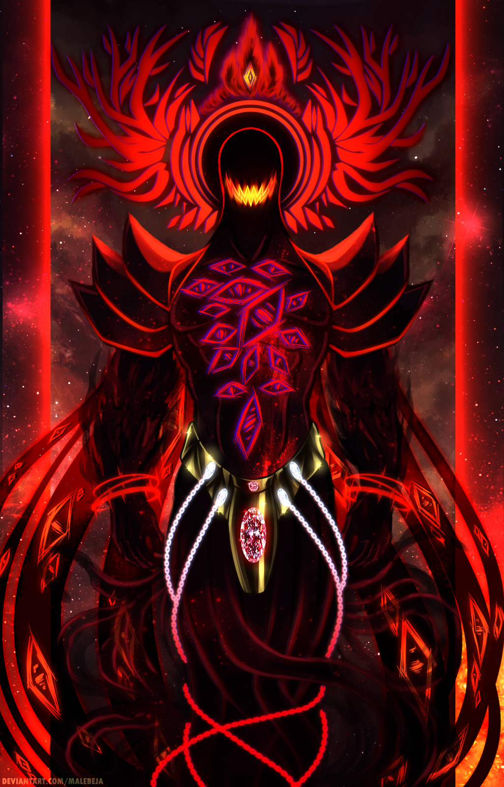 1boy, character_request, crown, demon_horns, eldritch_abomination, extra_eyes, giant, highres, horns, malebeja, monster, no_eyes, red_sky, scarlet_king_(scp), scp_foundation, sky, teeth, tentacles