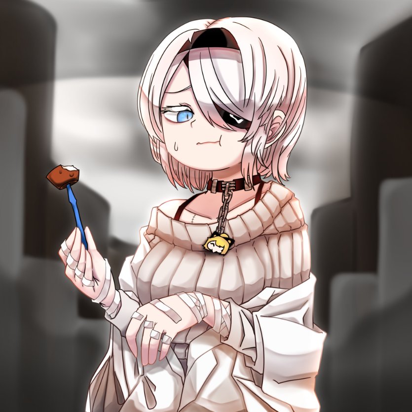1girl, :t, bandages, bangs, black_hairband, black_survival, blue_eyes, blurry