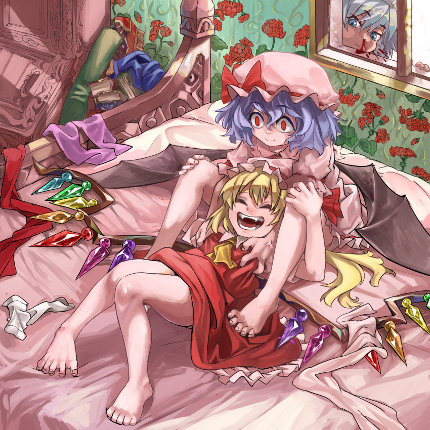 anger_vein, ascot, bat_wings, bed, blonde_hair, blood, blue_eyes, blue_hair