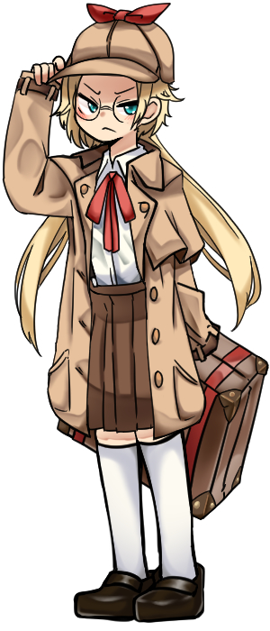 1girl, :<, black_survival, blonde_hair, blue_eyes, bow, bowtie, brown_coat