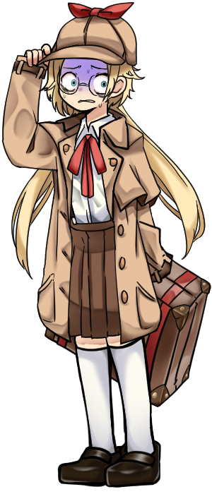 1girl, bags_under_eyes, black_survival, blonde_hair, blue_eyes, bow, bowtie, brown_coat