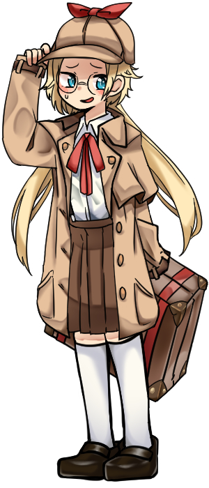 1girl, black_survival, blonde_hair, blue_eyes, bow, bowtie, brown_coat, brown_footwear