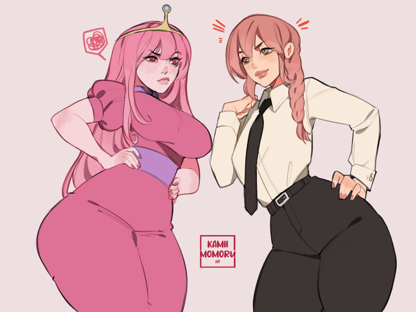2girls, adventure_time, annoyed, belt, black_necktie, black_pants, blue_gemstone, breasts, chainsaw_man, colored_skin, crossover, crown, dress, frown, gem, hand_on_hip, hand_up, hands_on_hips, highres, kamii_momoru, lips, long_dress, long_hair, long_sleeves, makima_(chainsaw_man), medium_breasts, multiple_girls, nail_polish, necktie, pants, pink_dress, pink_hair, pink_nails, pink_skin, princess, princess_bonnibel_bubblegum, puffy_short_sleeves, puffy_sleeves, red_eyes, redhead, shirt, short_sleeves, smile, straight_hair, tight, tight_dress, white_shirt, wide_hips, yellow_eyes