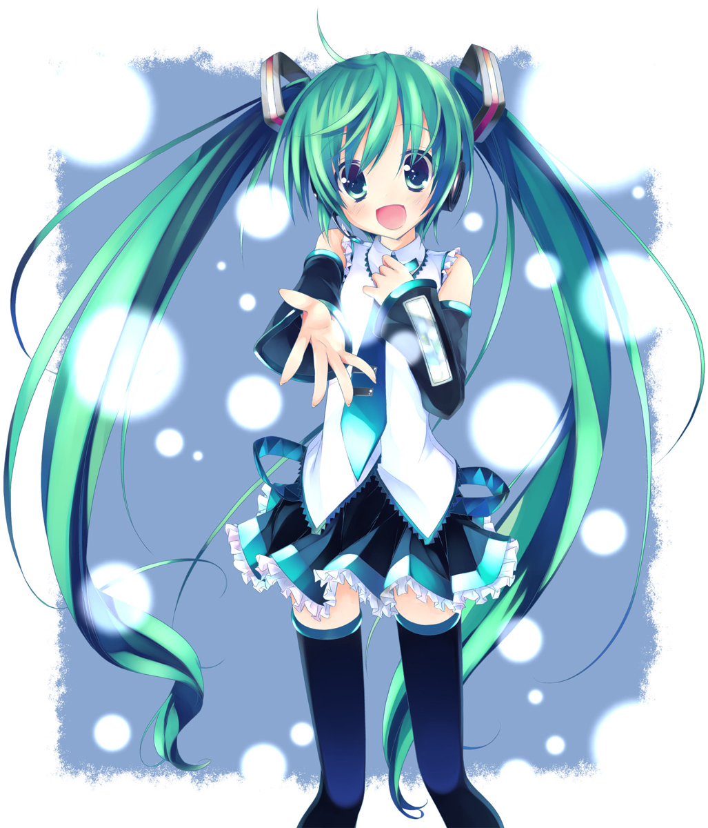 aaasld, aqua_hair, belt, blue_eyes, detached_sleeves, hand_on_chest, hatsune_miku, necktie, open_mouth, outstretched_arm, singing, snow, thigh_boots, twintails, vocaloid, zettai_ryouiki