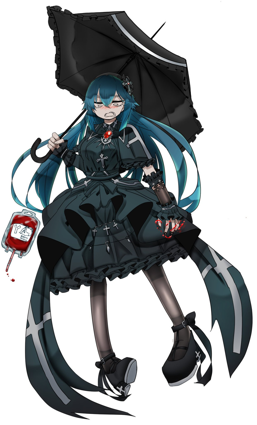 1girl, arm_warmers, bangs, bianca_(black_survival), black_dress, black_footwear, black_nails, black_pantyhose, black_survival, black_umbrella, blood, blood_bag, blue_hair, blush, breasts, brooch, commentary_request, cross, cross_necklace, dress, fingernails, frilled_dress, frilled_umbrella, frills, full_body, gem, gothic_lolita, hair_between_eyes, hemokinesis, highres, jewelry, kurodani_yamame, lolita_fashion, long_hair, looking_at_viewer, medium_breasts, nail_polish, necklace, o_o, open_mouth, pantyhose, red_eyes, red_gemstone, rinyamame, shoes, simple_background, solo, touhou, umbrella, very_long_hair, wavy_mouth, white_background