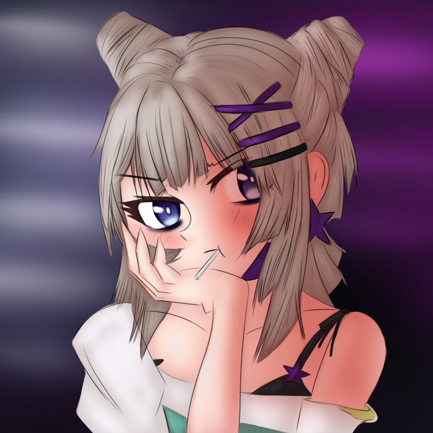 1girl, aa-12_(girls'_frontline), aa-12_(smokeless_lollipop)_(girls'_frontline), black_bra, blue_eyes, blush, bra, candy, food, girls_frontline, hair_ornament, hairclip, highres, lollipop, looking_at_viewer, pout, shirt, solo, underwear, upper_body, white_shirt