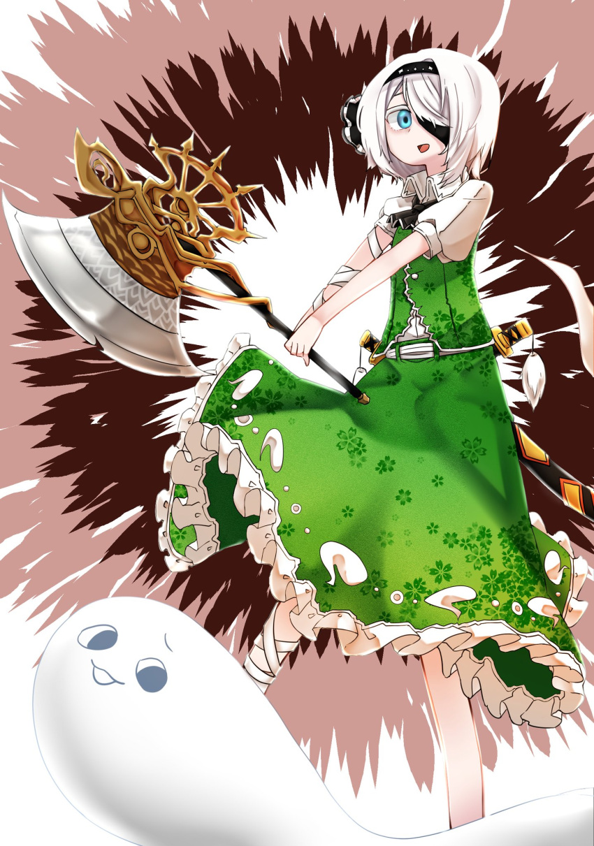 1girl, ascot, axe, bandaged_arm, bandaged_leg, bandages, bangs, black_ascot