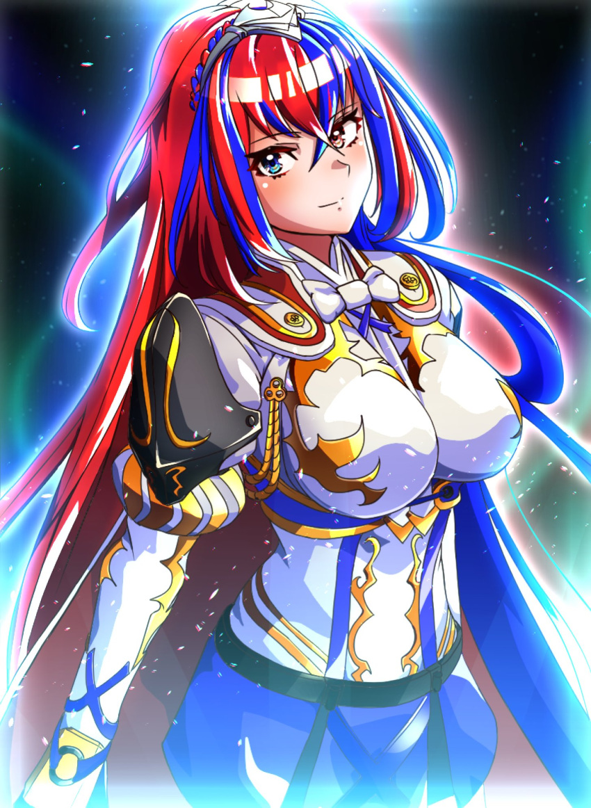 1girl, alear_(female)_(fire_emblem), alear_(fire_emblem), armor, bangs, blue_eyes, blue_hair, braid, breasts, crossed_bangs, crown_braid, fire_emblem, fire_emblem_engage, heterochromia, highres, jewelry, long_hair, medium_breasts, multicolored_hair, puffy_sleeves, red_eyes, redhead, smile, solo, split-color_hair, tiara, to_(tototo_tk), two-tone_hair, very_long_hair