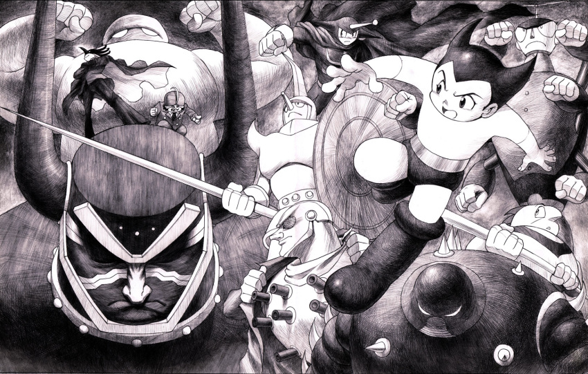 android, antennae, atom_(tetsuwan_atom), axe, battle, boots, brando_(tetsuwan_atom), cape, character_request, chest_cannon, child, epsilon_(tetsuwan_atom), extra_arms, flying, formal, gesicht, hat, hercules_(tetsuwan_atom), highres, hood, hooded_cape, horns, lance, mecha, monochrome, mont_blanc_(tetsuwan_atom), multiple_boys, muzzle, north_no._2, official_style, pluto_(tetsuwan_atom), polearm, robot, scarf, science_fiction, shield, spikes, sunglasses, tetsuwan_atom, tezuka_osamu_(style), topless_male, tuyopon, weapon