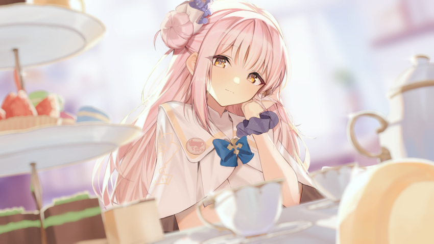 1girl, blue_archive, blurry, cake, cake_slice, capelet, cup, depth_of_field, dress, flower, food, fruit, hair_bun, hair_flower, hair_ornament, halo, hand_on_own_cheek, hand_on_own_face, head_rest, highres, light_smile, long_hair, macaron, mika_(blue_archive), misononasubi, pink_hair, saucer, scrunchie, single_side_bun, solo, strawberry, teacup, teapot, tiered_tray, very_long_hair, white_capelet, white_dress, wrist_scrunchie, yellow_eyes