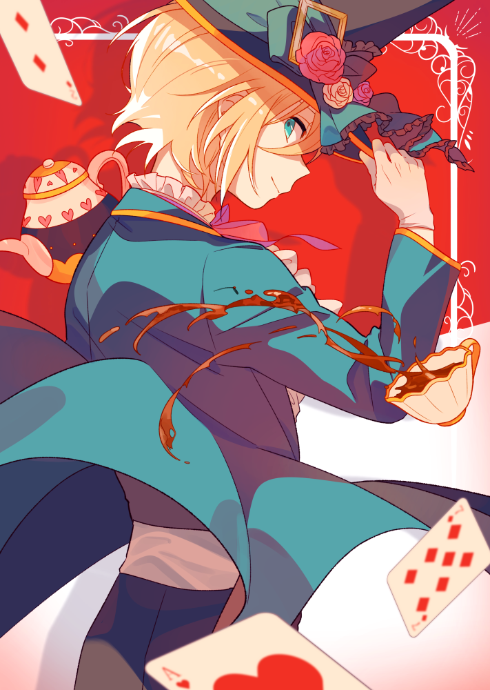 1boy, 4_(nakajima4423), ace_of_hearts, bangs, black_headwear, blonde_hair, blue_eyes, blue_jacket