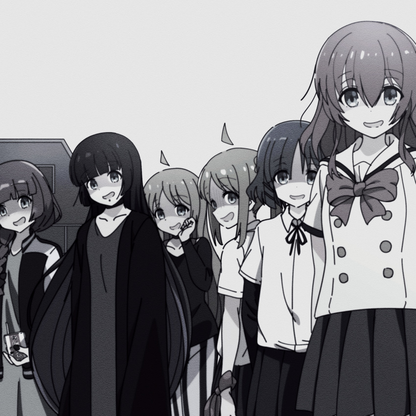 6+girls, ahoge, album_cover_redraw, alcohol_carton, aphex_twin, bangs, black_choker, black_dress