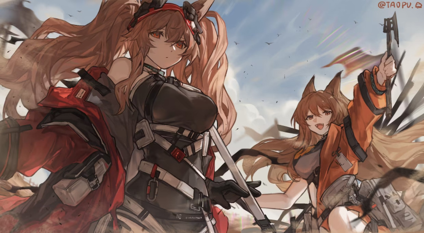2girls, angelina_(arknights), angelina_(distinguished_visitor)_(arknights), animal_ears, arknights, bare_shoulders, belt, black_leotard