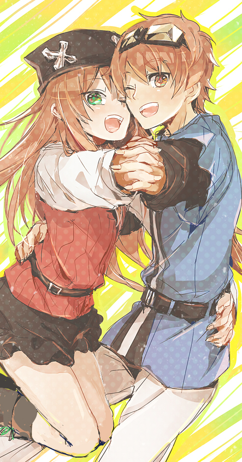 1boy, 1girl, belt, black_belt, black_footwear, black_headwear, black_skirt, blue_shirt, brown_eyes, brown_hair, el_mofus_2_(rance_10), el_mofus_3_(rance_10), goggles, goggles_on_head, green_eyes, gyorui_(toura_minato), hat, holding_hands, long_hair, pants, rance_(series), rance_10, red_shirt, shirt, short_hair, simple_background, skirt, white_pants