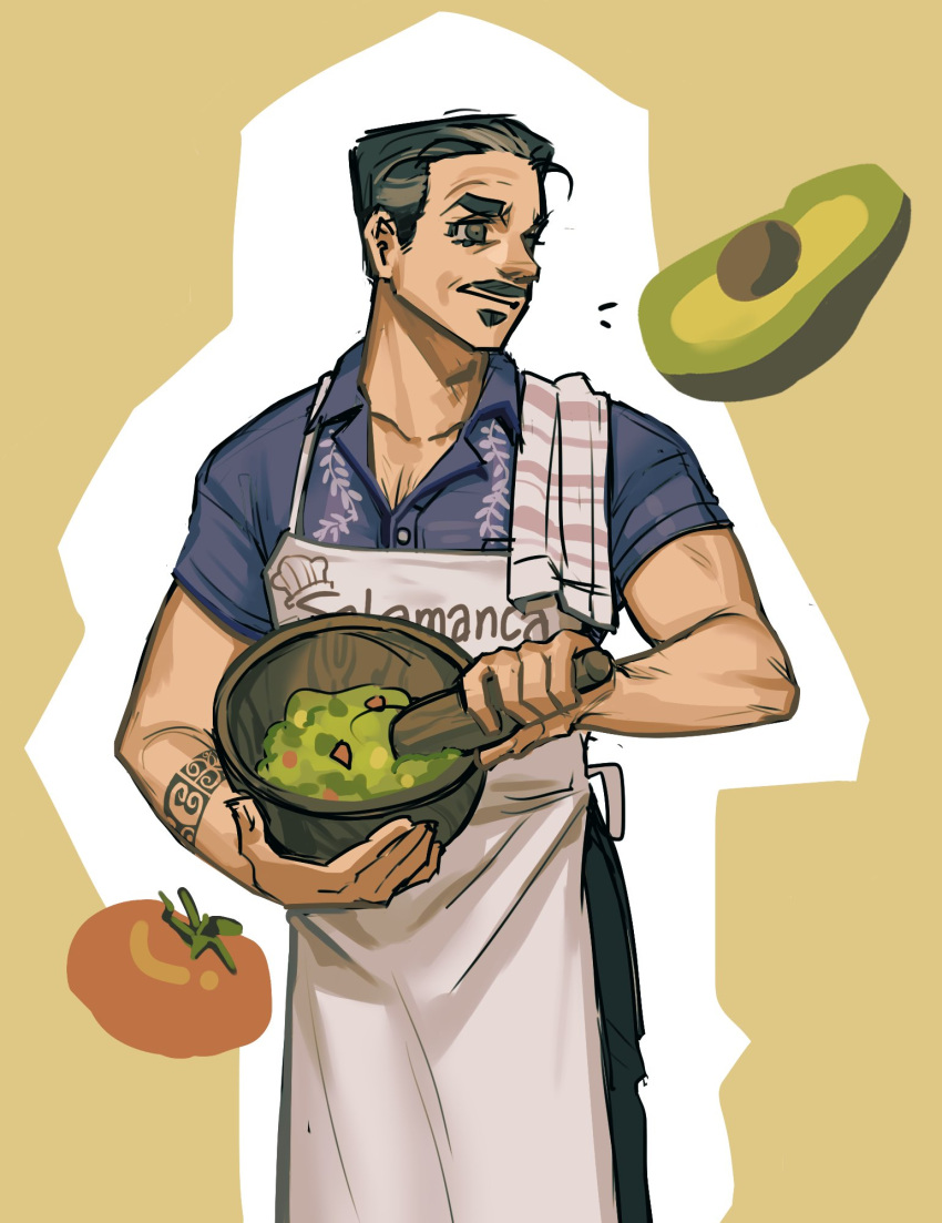 1boy, animification, apron, avocado, better_call_saul, black_eyes, black_hair, black_pants, blue_shirt, bowl, breaking_bad, collared_shirt, commentary, facial_hair, guacamole, hair_behind_ear, highres, holding, holding_bowl, jui_(dirtybigrat), lalo_salamanca, looking_to_the_side, male_focus, mustache, outline, pants, shirt, smile, solo, soul_patch, tomato, white_apron, white_outline