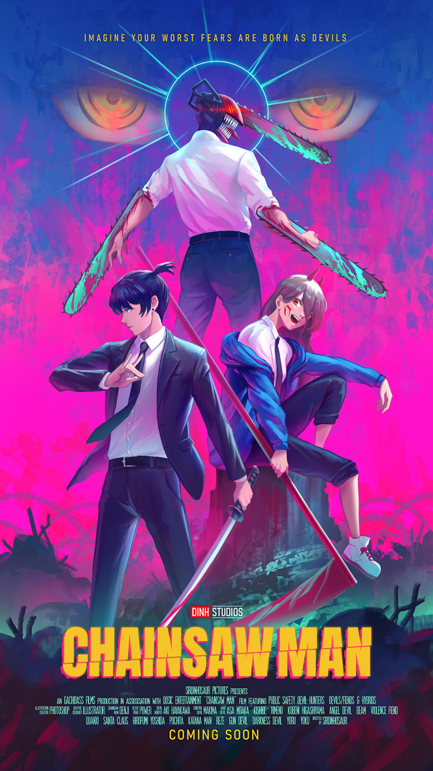 2boys, 2girls, black_hair, black_jacket, black_necktie, black_pants, blood, blood_on_clothes