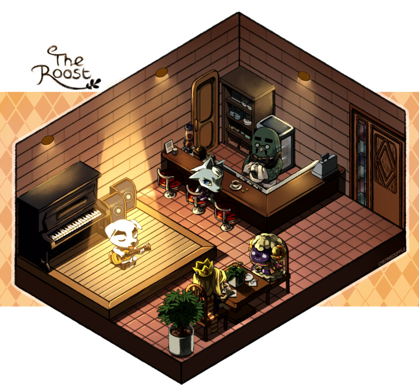 2boys, 3girls, acoustic_guitar, animal_crossing, argyle, argyle_background, artist_name, bag