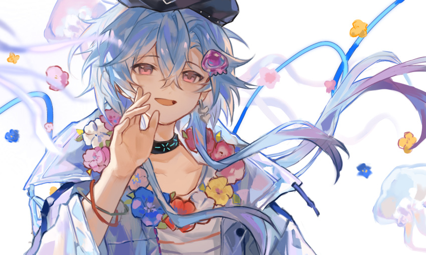 1boy, arknights, bangs, blue_hair, blue_jacket, bracelet, crossed_bangs, flower