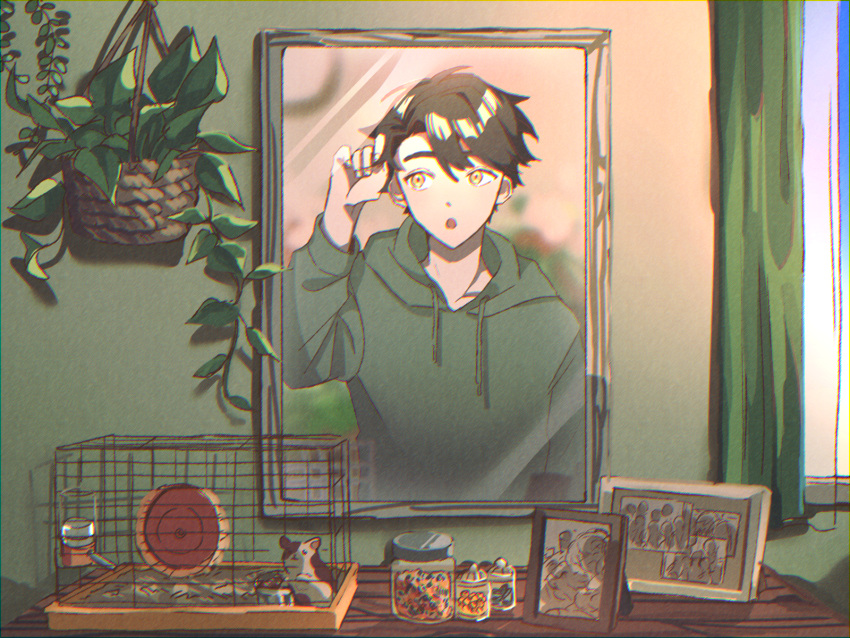 1boy, animal, bangs, black_hair, bottle, cage, commentary_request, container