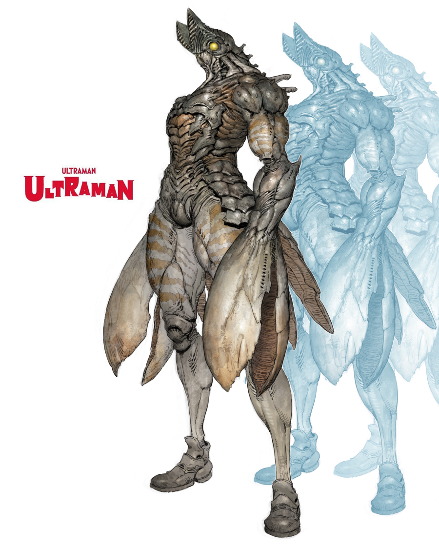 afterimage, baltan_seijin, chitin, copyright_name, english_commentary, english_text, full_body, kaijuu, mixed-language_commentary, monster, no_humans, pincers, solo, tahra, tokusatsu, translation_request, ultra_series, ultraman_(1st_series), white_background, yellow_eyes