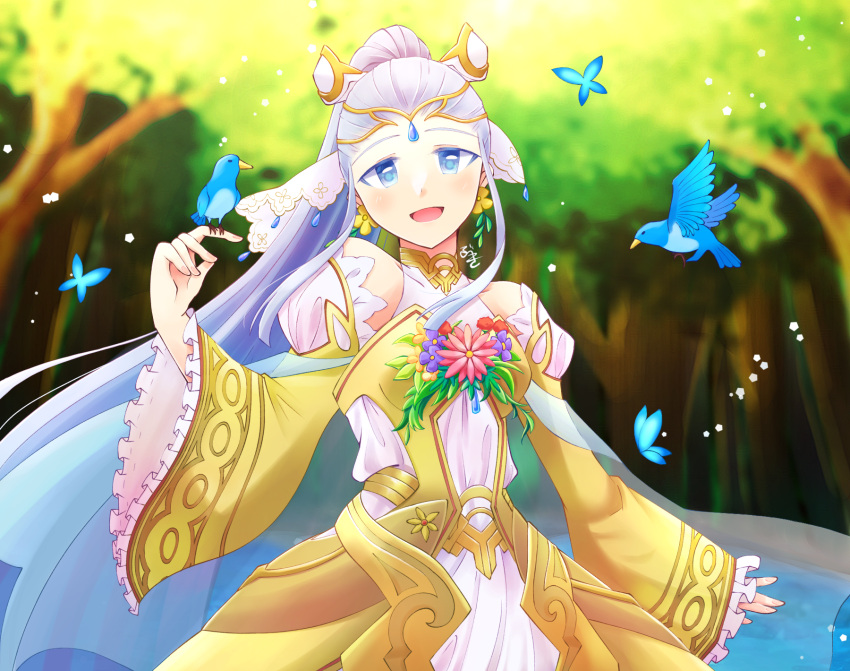 1girl, :d, animal, bird, bird_on_hand, blue_eyes, bug, butterfly