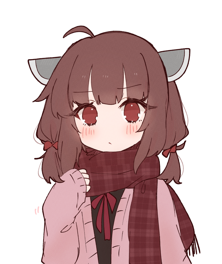 1girl, ahoge, bangs, black_shirt, brown_eyes, brown_hair, brown_scarf, closed_mouth, hair_ribbon, headgear, light_blush, looking_at_viewer, medium_hair, nepiui38, pink_sweater, red_ribbon, ribbon, scarf, shirt, simple_background, solo, sweater, touhoku_kiritan, upper_body, voiceroid, white_background