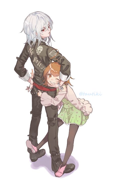 1boy, 1girl, accelerator_(toaru_majutsu_no_index), ahoge, albino, ambiguous_gender, bangs, belt, black_belt, black_footwear, black_pants, black_shirt, bracelet, brown_eyes, brown_hair, brown_pantyhose, dress, female_child, from_side, full_body, green_dress, grin, holding_another's_head, holding_another's_leg, jacket, jewelry, last_order_(toaru_majutsu_no_index), long_sleeves, looking_at_viewer, looking_back, official_alternate_costume, one_eye_closed, pale_skin, pants, pantyhose, pink_footwear, pink_jacket, red_belt, red_eyes, shirt, short_hair, signature, skull_print, sleeves_rolled_up, smile, tautiki, text_print, toaru_majutsu_no_index, white_background, white_hair, zipper