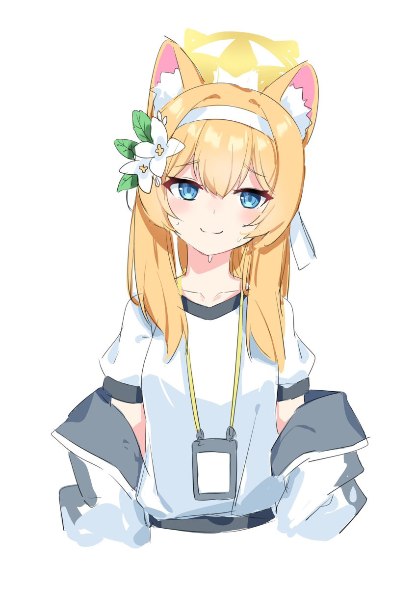 1girl, animal_ears, blue_archive, blue_eyes, blush, closed_mouth, cropped_torso, flower