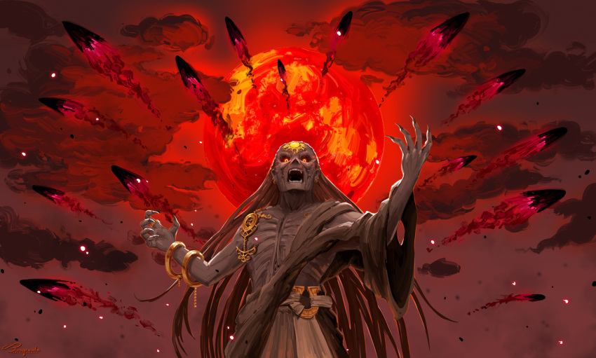 1boy, armlet, asymmetrical_clothes, clouds, colored_skin, corpse, darkness, embers, english_commentary, fangs, fingernails, ganondorf, gerudo, glowing, glowing_eyes, grey_skin, jasqreate, long_hair, looking_at_viewer, looking_down, moon, mummy, outstretched_arms, red_moon, redhead, sharp_fingernails, single_sleeve, slit_pupils, the_legend_of_zelda, the_legend_of_zelda:_tears_of_the_kingdom, undead, very_long_hair, wide_sleeves, yellow_eyes, zombie
