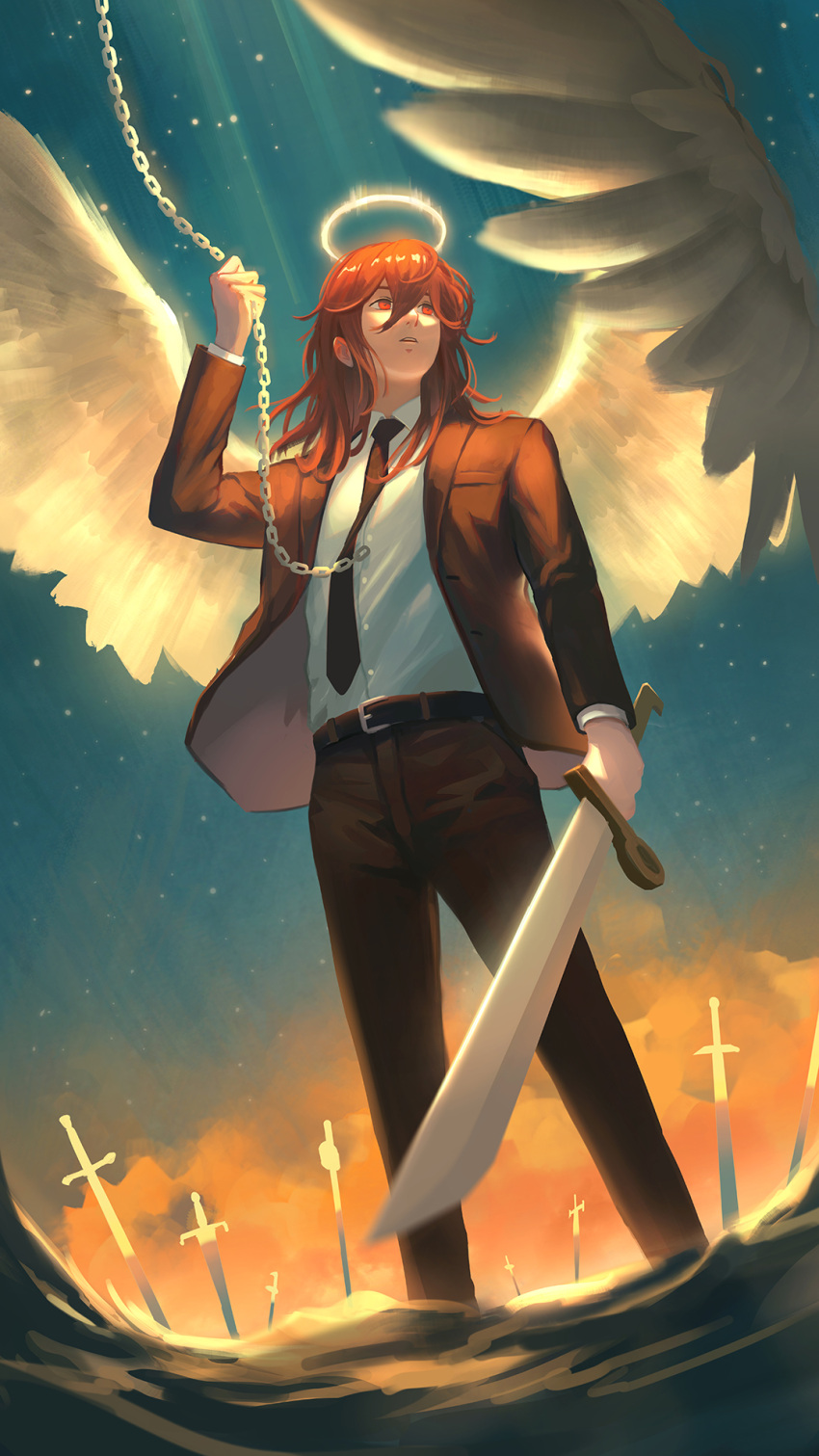 1boy, angel, angel_devil_(chainsaw_man), angel_wings, bangs, belt, belt_buckle, black_belt