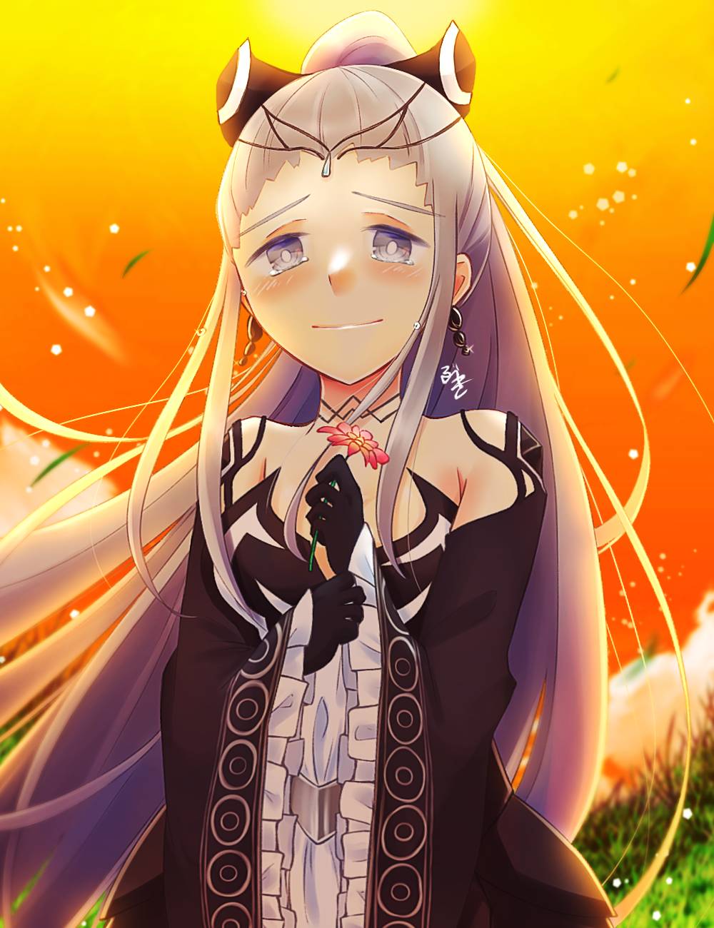 1girl, black_dress, black_gloves, detached_sleeves, dlllll_lllllb, dress, earrings, eir_(fire_emblem)