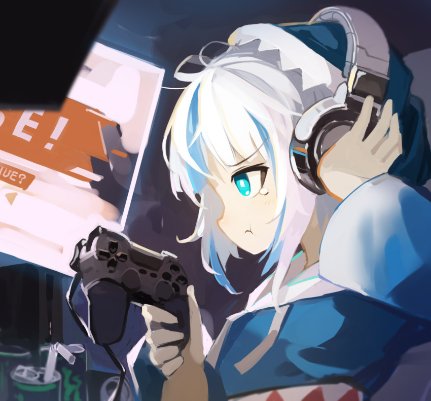 animal_hood, bendy_straw, blue_eyes, blue_hair, can, computer, controller, drinking_straw